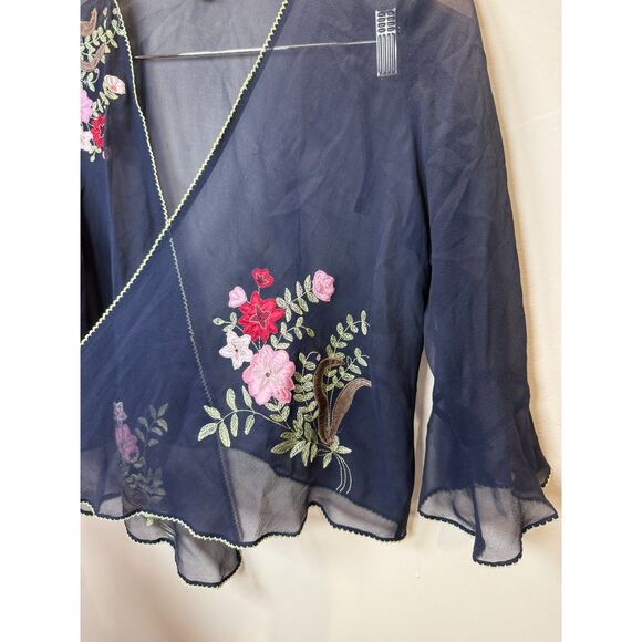 Robbie Bee Women's Size 8 Blue Silk Cropped Blouse Top Y2K Embroidered - Picture 7 of 9